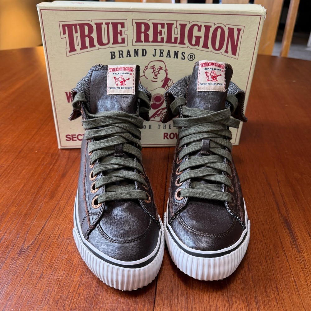 True Religion Brown Faux Leather Herringbone Fold Over High Top Sneakers Y2K